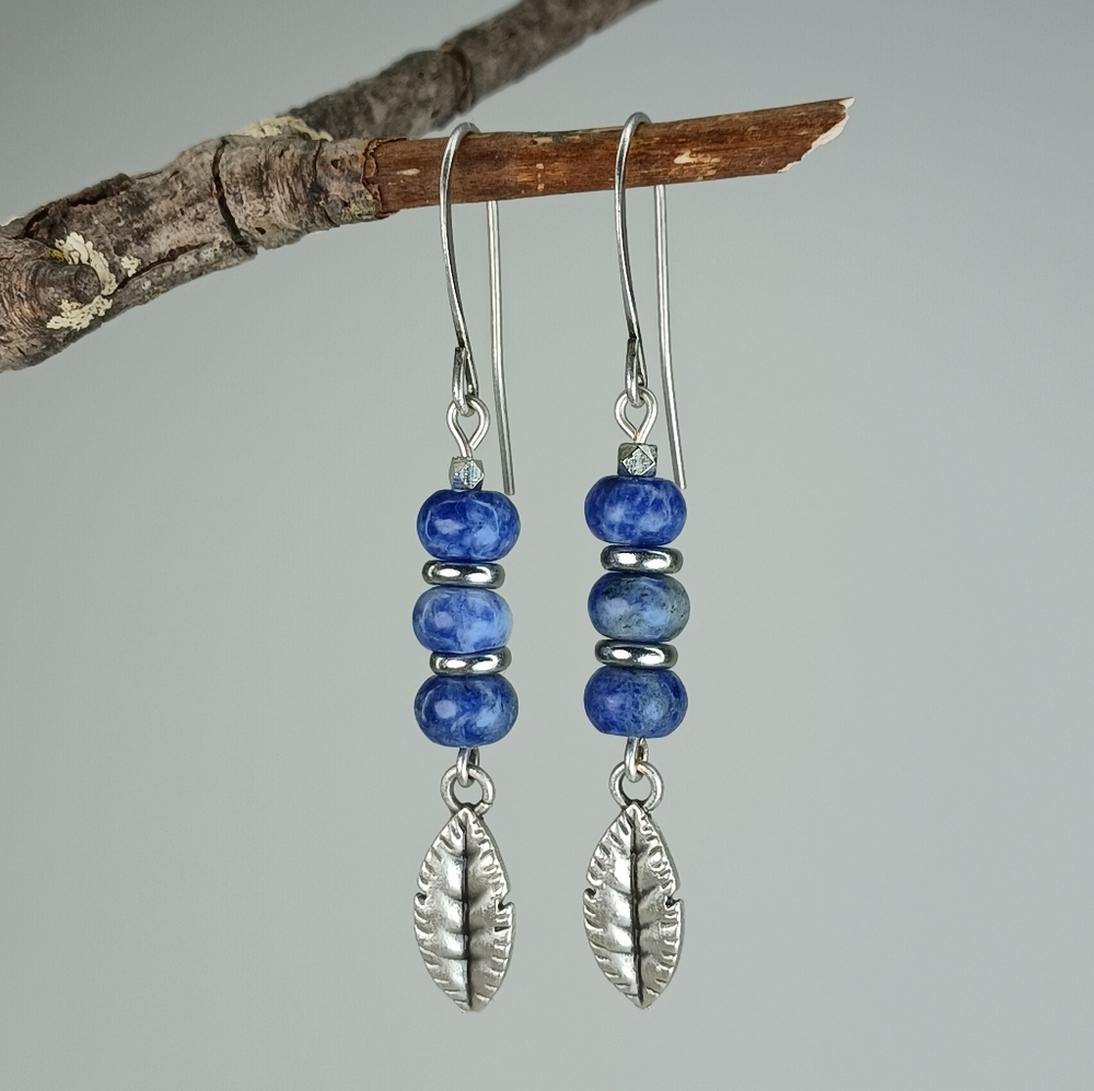 HAND CRAFTED Blue Sodalite Silver Leaf Dangle Earrings